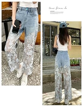 Amazon | [KUIKAI] デニムパンツ レース切り替え ロングパンツ